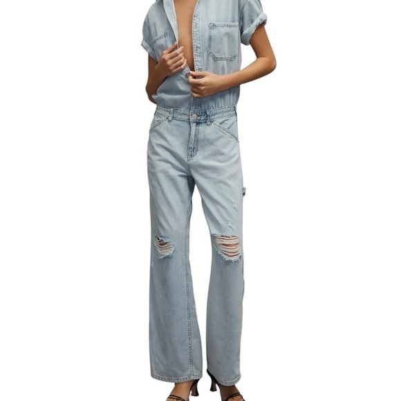 Pilcro Slouchy Denim Jumpsuit Light Wash Straight Leg Distressed - Picture 7 of 7